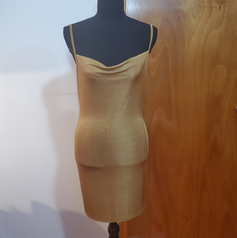 🛑SOLD- Forever 21 metallic bronze gold cowl neck knit bodycon mini dress medium